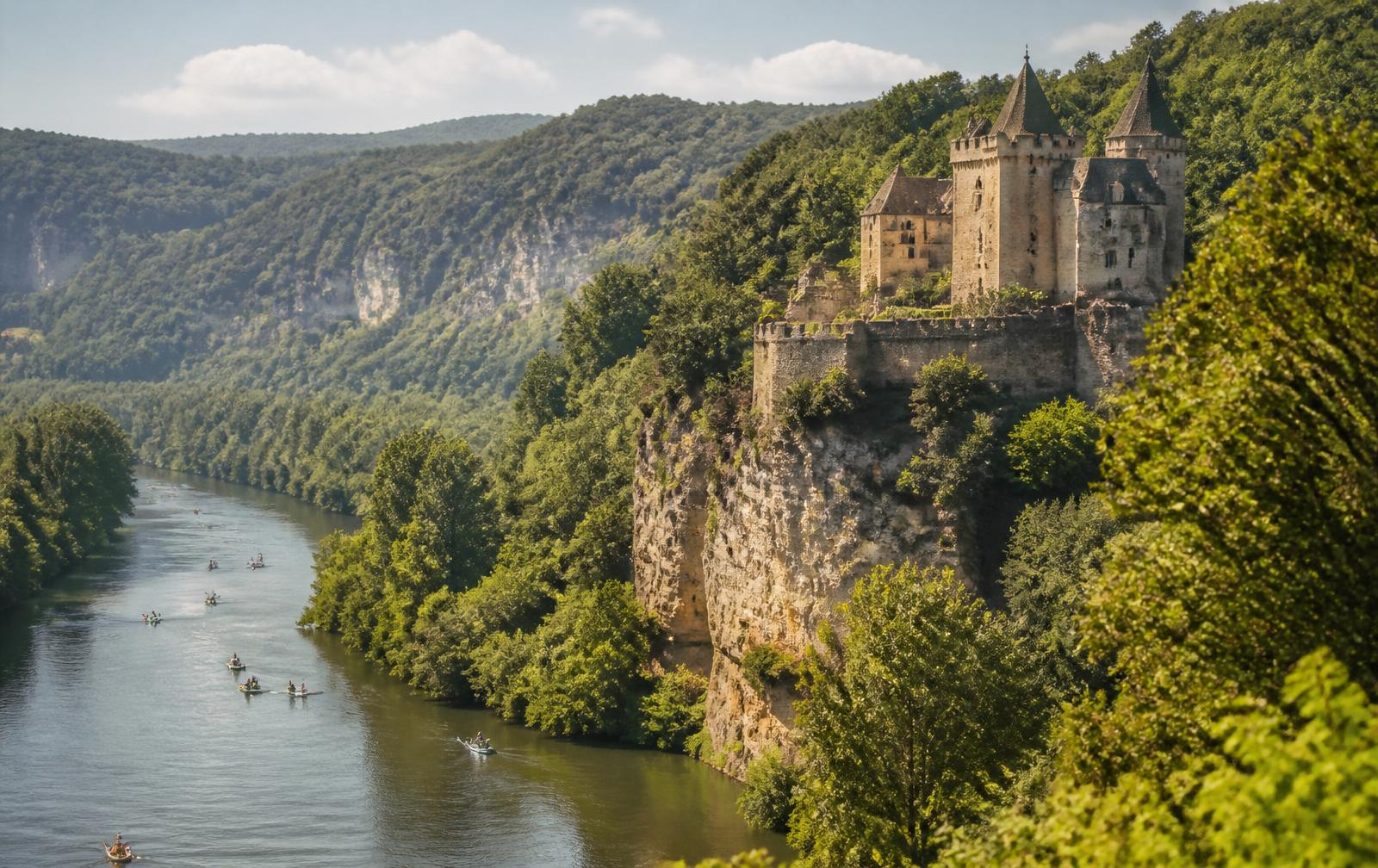 Uitzicht over de Dordogne met kasteel op een rots boven de rivier
